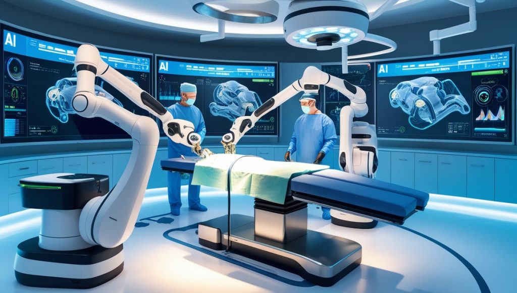 A futuristic operating room with advanced AI-powered robotic systems in action.