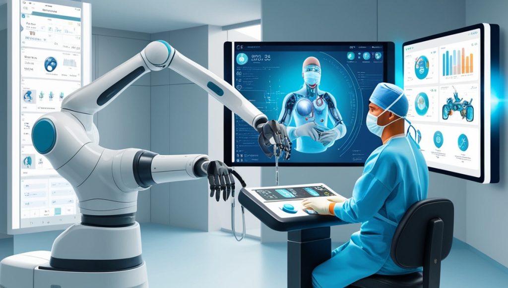  A surgeon controlling a robotic arm, with AI data and insights visible on a nearby screen.